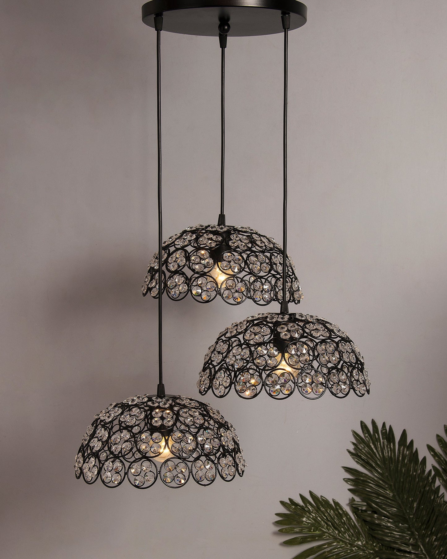 3-Lights Round Cluster Hemisphere Chandelier Quad Crystal Hanging Light, Decorative, Black, Kitchen Area and Dining Room Light, LED/Filament Light