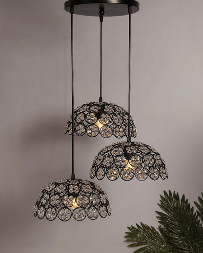 3-Lights Round Cluster Hemisphere Chandelier Quad Crystal Hanging Light, Decorative, Black, Kitchen Area and Dining Room Light, LED/Filament Light