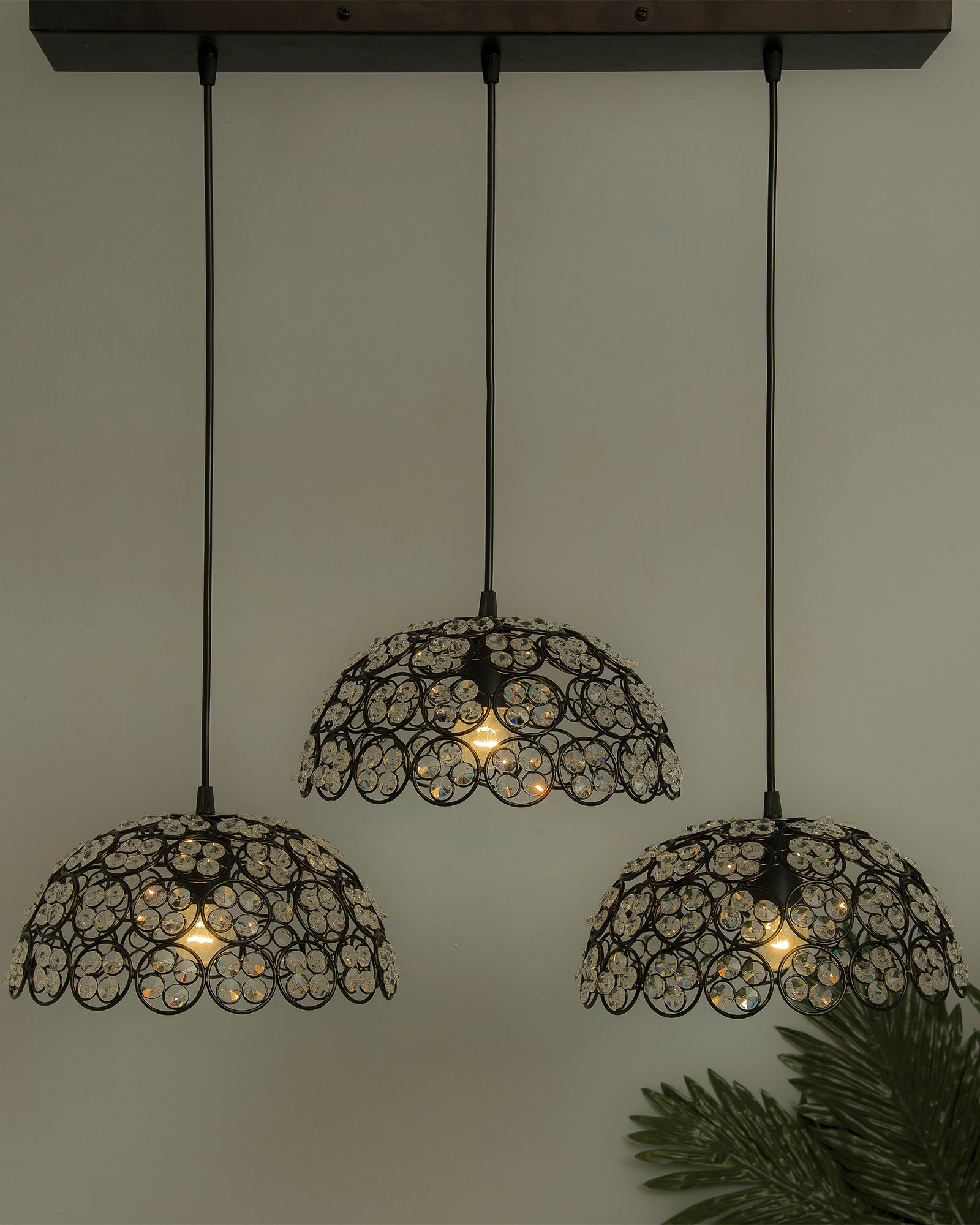 3-Lights Linear Cluster Hemisphere Chandelier Quad Crystal Hanging Light, Decorative, Black, Kitchen Area and Dining Room Light, LED/Filament Light