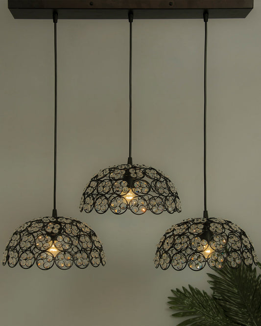 3-Lights Linear Cluster Hemisphere Chandelier Quad Crystal Hanging Light, Decorative, Black, Kitchen Area and Dining Room Light, LED/Filament Light