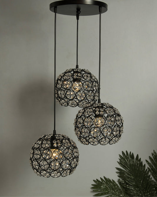 3-Lights Round Cluster Globe Chandelier Quad Crystal Hanging Light, Decorative, Black, Kitchen Area and Dining Room Light, LED/Filament Light