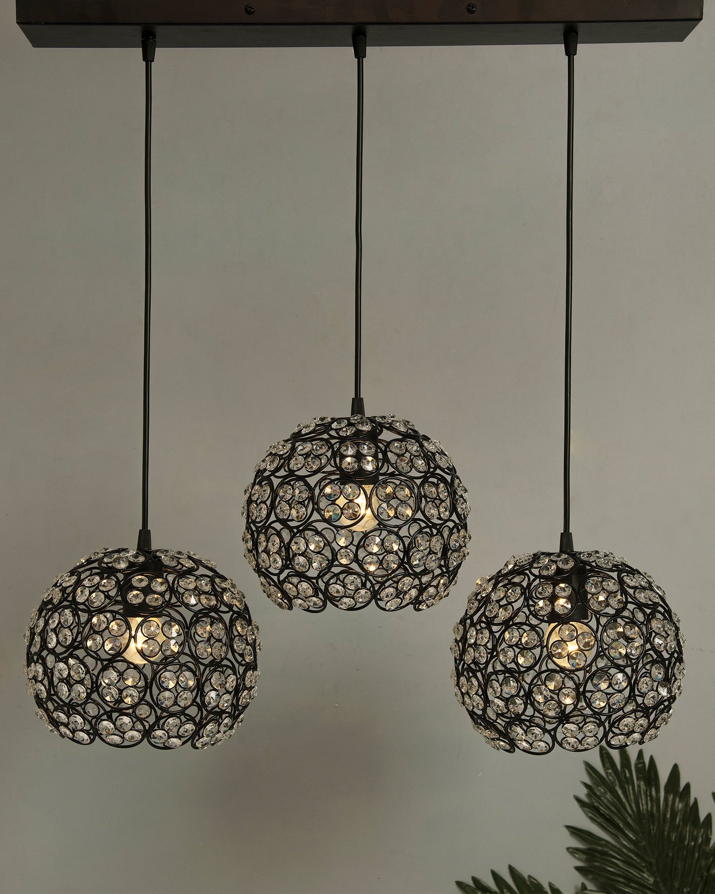 3-Lights Linear Cluster Globe Chandelier Quad Crystal Hanging Light, Decorative, Black, Kitchen Area and Dining Room Light, LED/Filament Light
