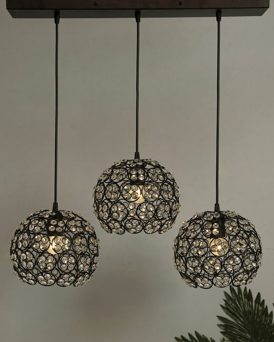 3-Lights Linear Cluster Globe Chandelier Quad Crystal Hanging Light, Decorative, Black, Kitchen Area and Dining Room Light, LED/Filament Light