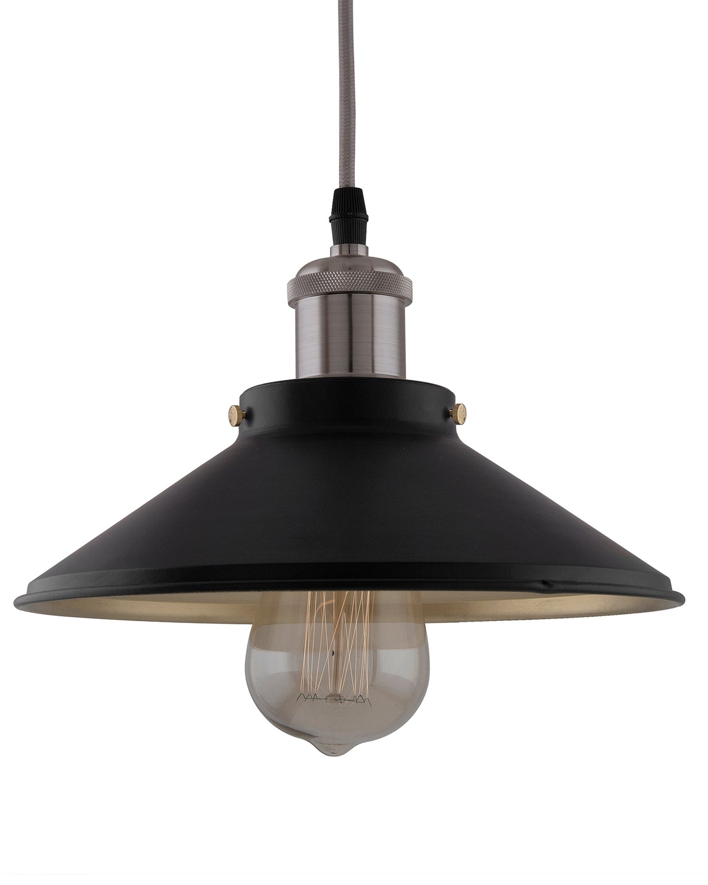 Single Black Cone Pendant with Nickel Holder, E27, Modern Nordic Hanging Ceiling Light