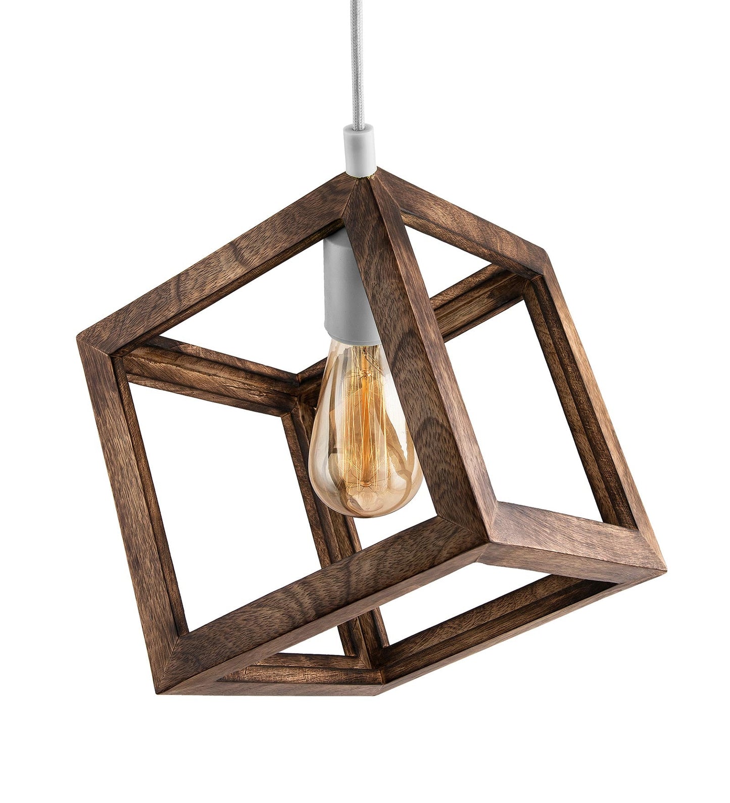 Modern Antique Wooden Pendant Cube Light, with White Silicon Holder, Restaurant Dining Kitchen Hanging Light with Fixture, LED/Filament