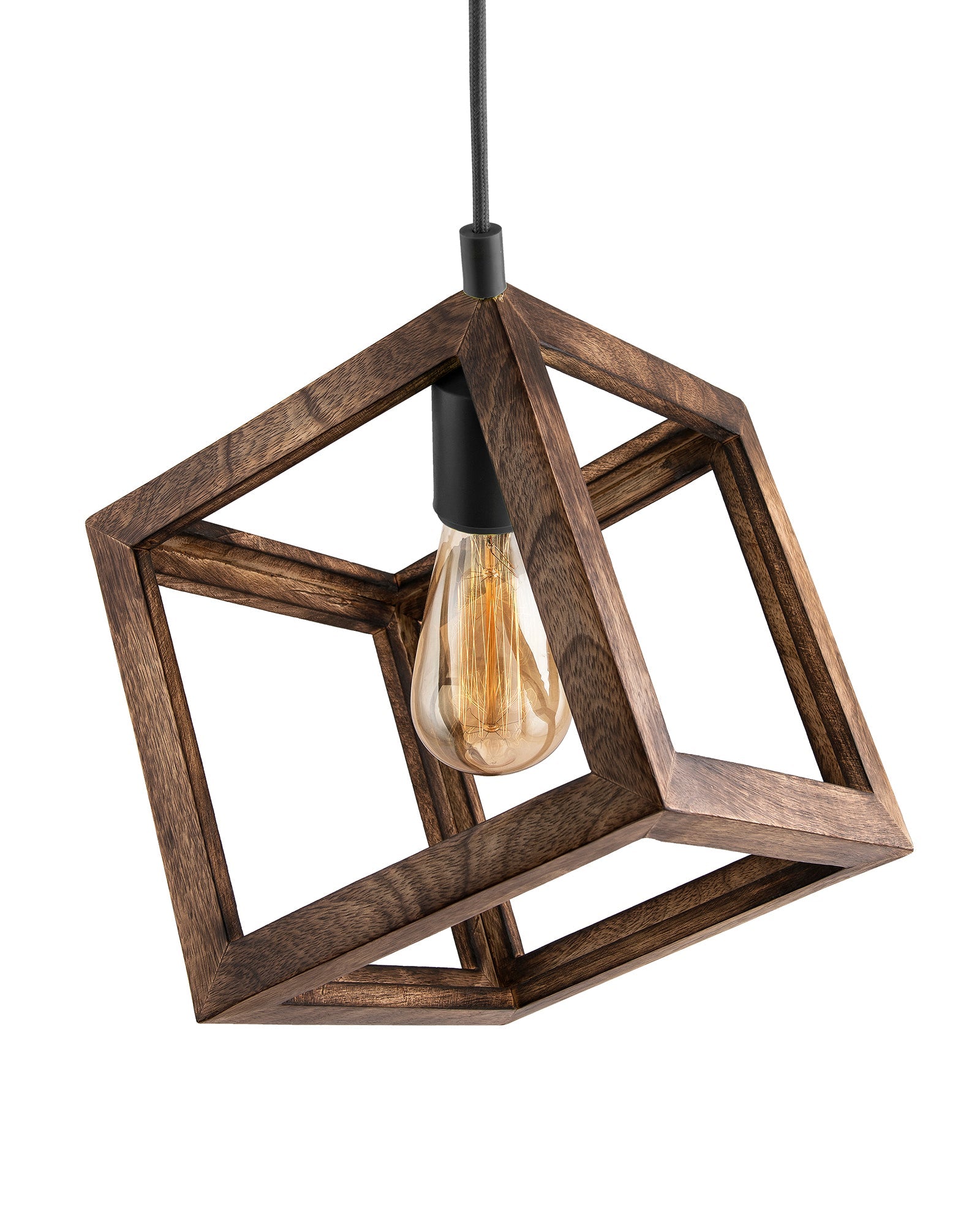 Modern Antique Wooden Pendant Cube Light, with White Silicon Holder, Restaurant Dining Kitchen Hanging Light with Fixture, LED/Filament