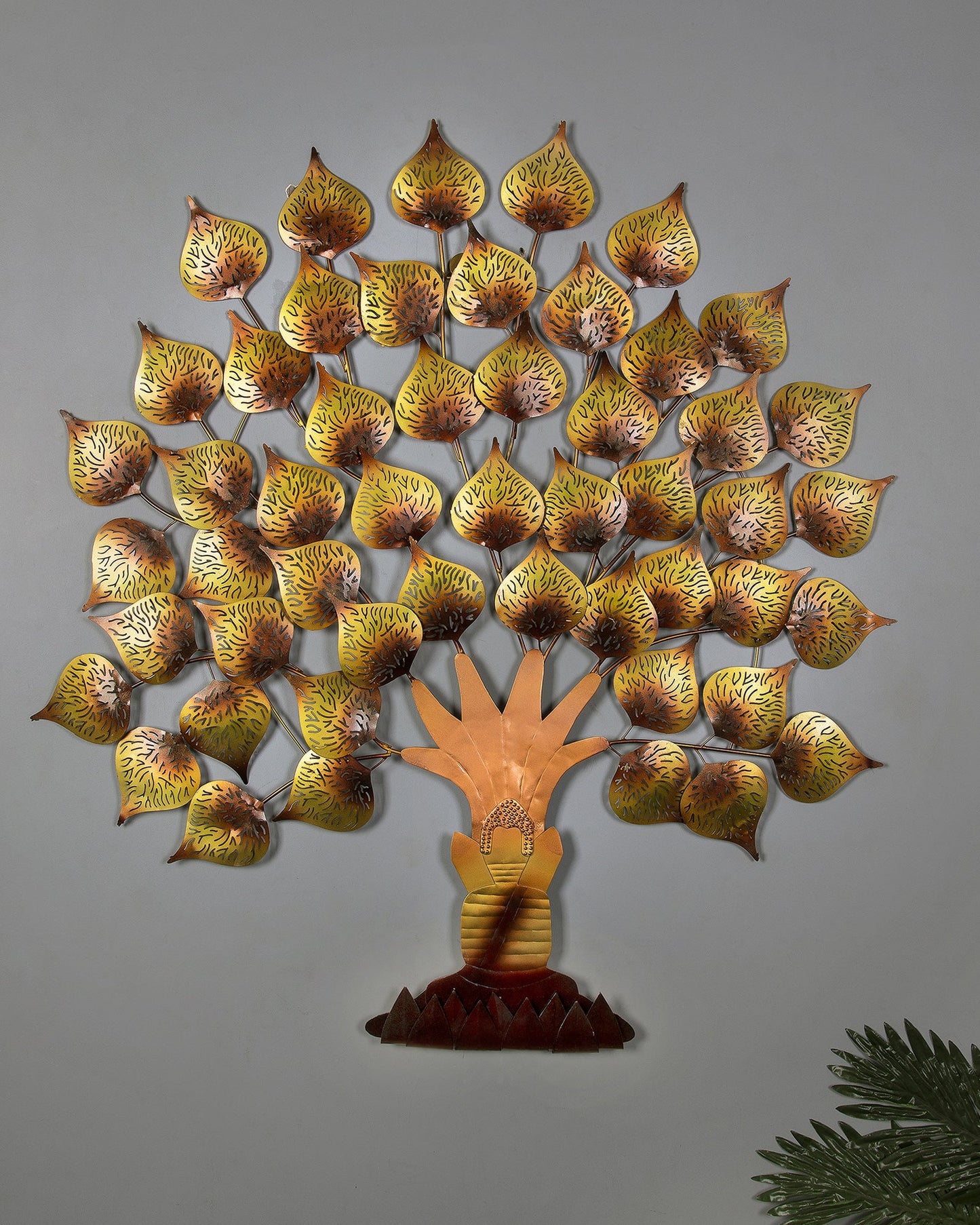 Metal Handmade Golden Tree of Life, Wisdom, Knowledge Wall Hanging Art Decor Sculpture with Buddha Sitting Tree for Living Room, Office, 37* 27 inch