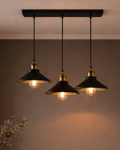 3-Lights Linear Cone Shade Cluster Chandelier Hanging Light, Decorative, Black, Kitchen Area and Dining Room Light, LED/Filament Light