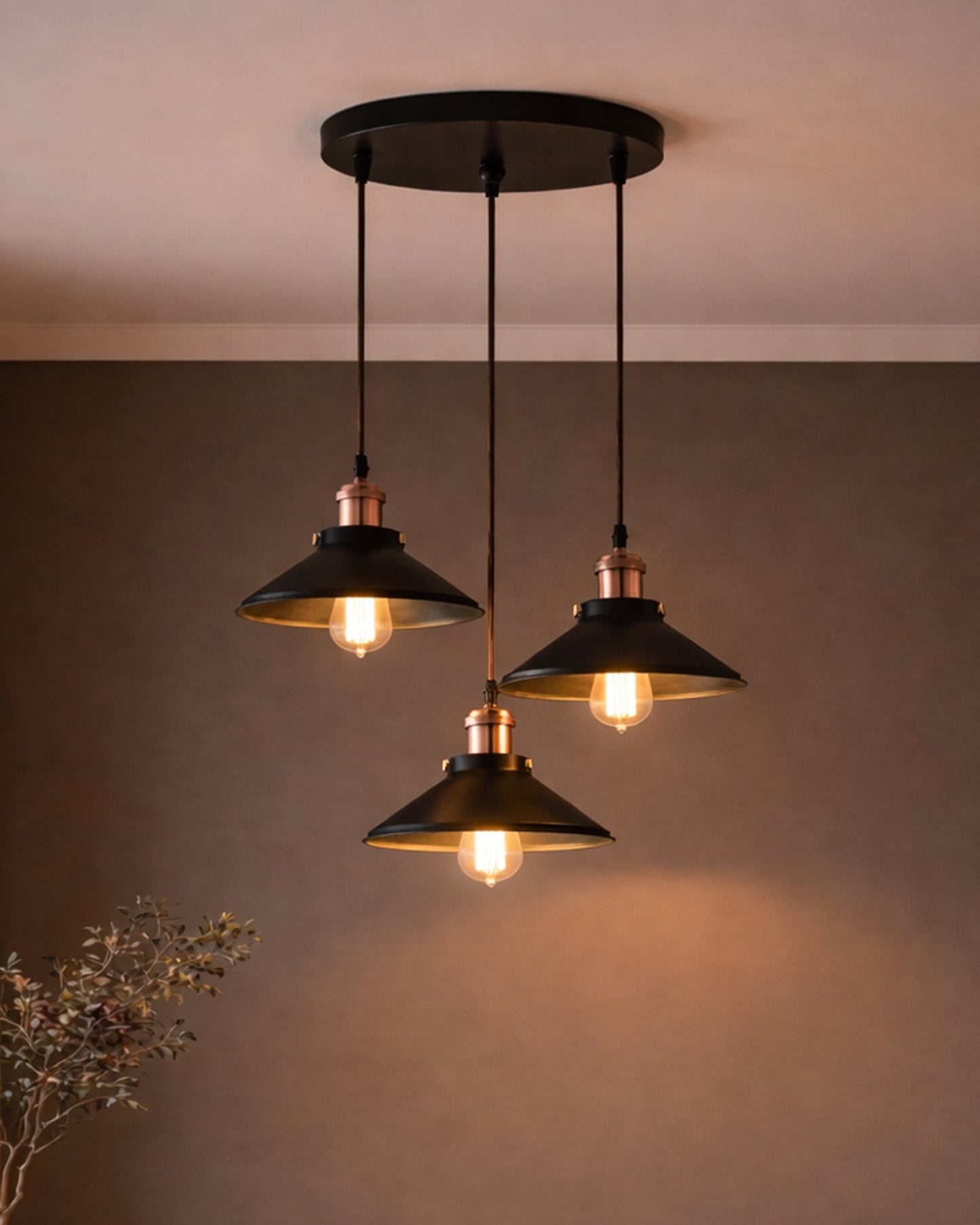 3-Lights Round Cone Shade Cluster Chandelier Hanging Light, Decorative, Black, Kitchen Area and Dining Room Light, LED/Filament Light