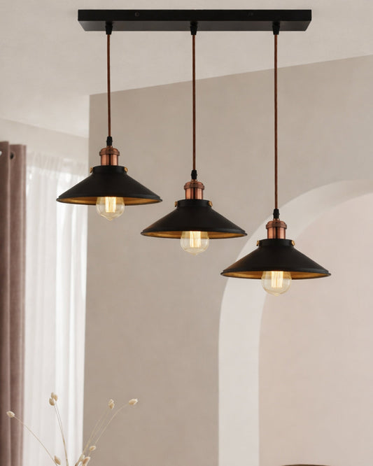 3-Lights Linear Cone Shade Cluster Chandelier Hanging Light, Decorative, Black, Kitchen Area and Dining Room Light, LED/Filament Light
