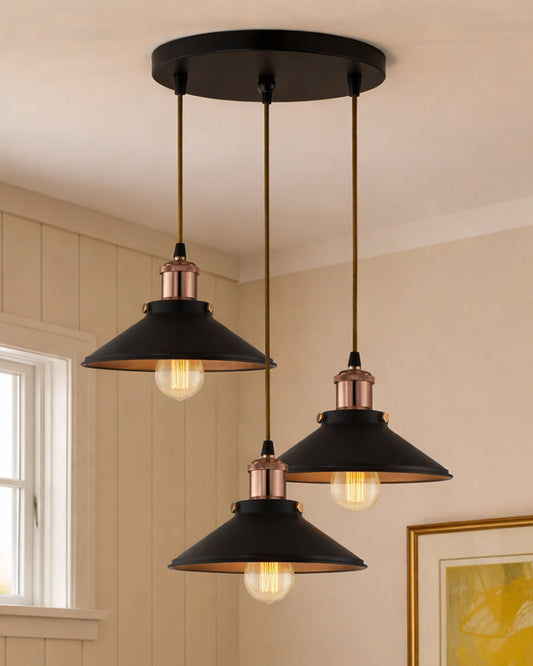 3-Lights Round Cone Shade Cluster Chandelier Hanging Light, Decorative, Black, Kitchen Area and Dining Room Light, LED/Filament Light