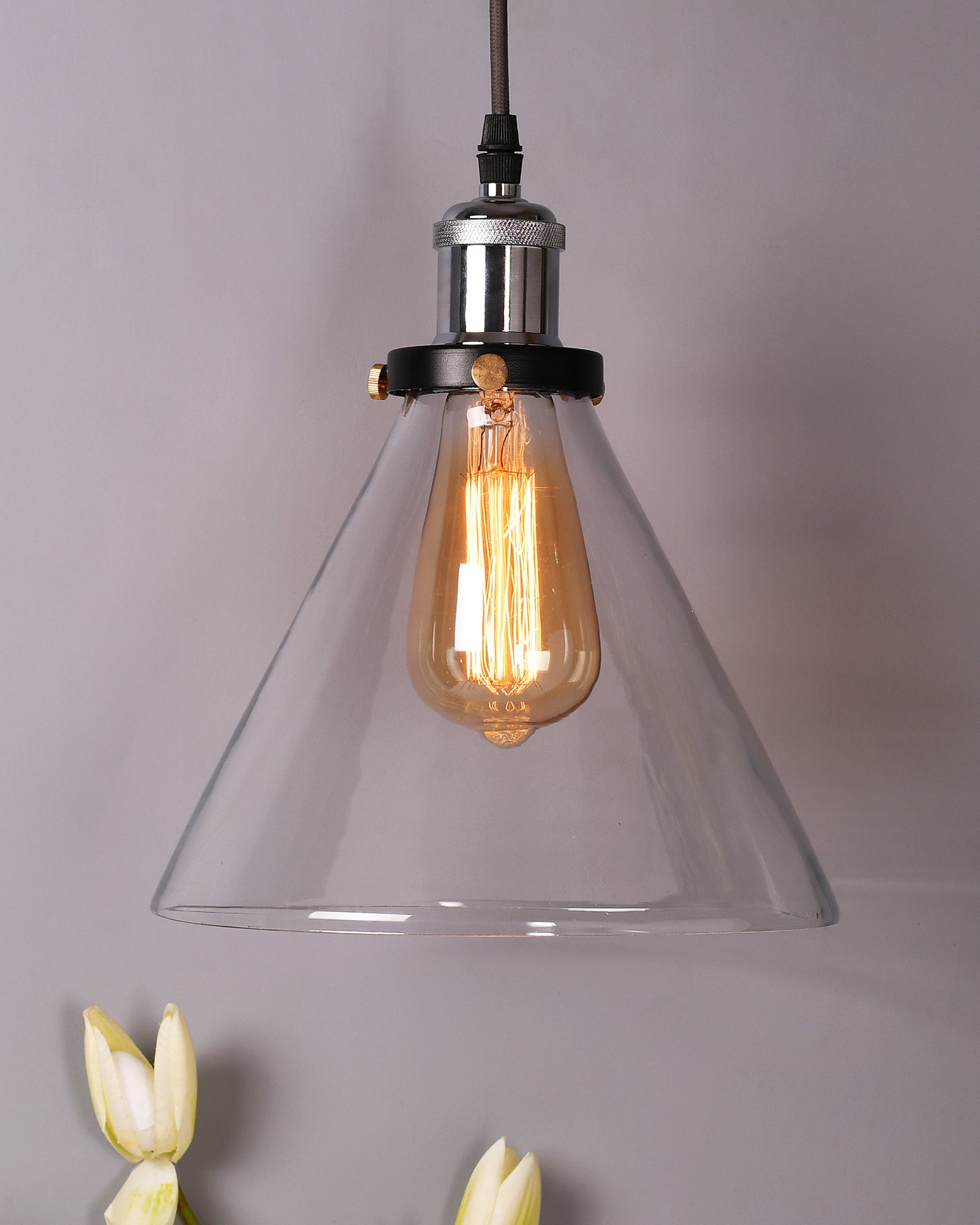 Industrial Kitchen Glass Cone Pendant Light , Antique Filament Hanging Blown Glass Ceiling Light, Nickel