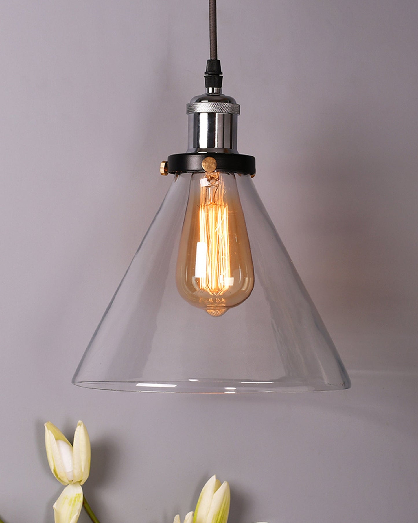 Industrial Kitchen Glass Cone Pendant Light , Antique Filament Hanging Blown Glass Ceiling Light, Nickel