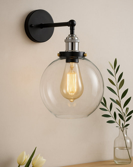 Edison Industrial Glass Globe Wall Lamp, Nickel Vintage Industrial Loft, E27 Holder, Decorative, Swing Wall Light, Filament/LED