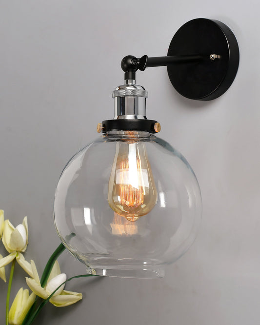 Edison Industrial Glass Globe Wall Lamp, Nickel Vintage Industrial Loft, E27 Holder, Decorative, Swing Wall Light, Filament/LED
