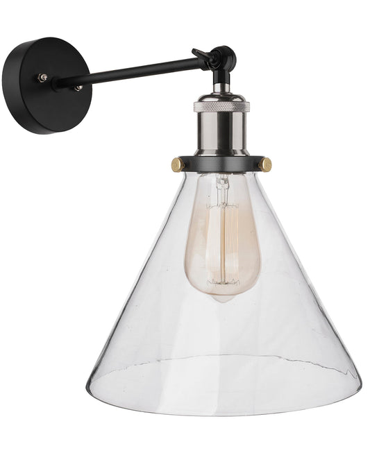 Edison Industrial Glass Cone Wall Lamp, Nickel Vintage Industrial Loft, E27 Holder, Decorative, Swing Wall Light, Filament/LED