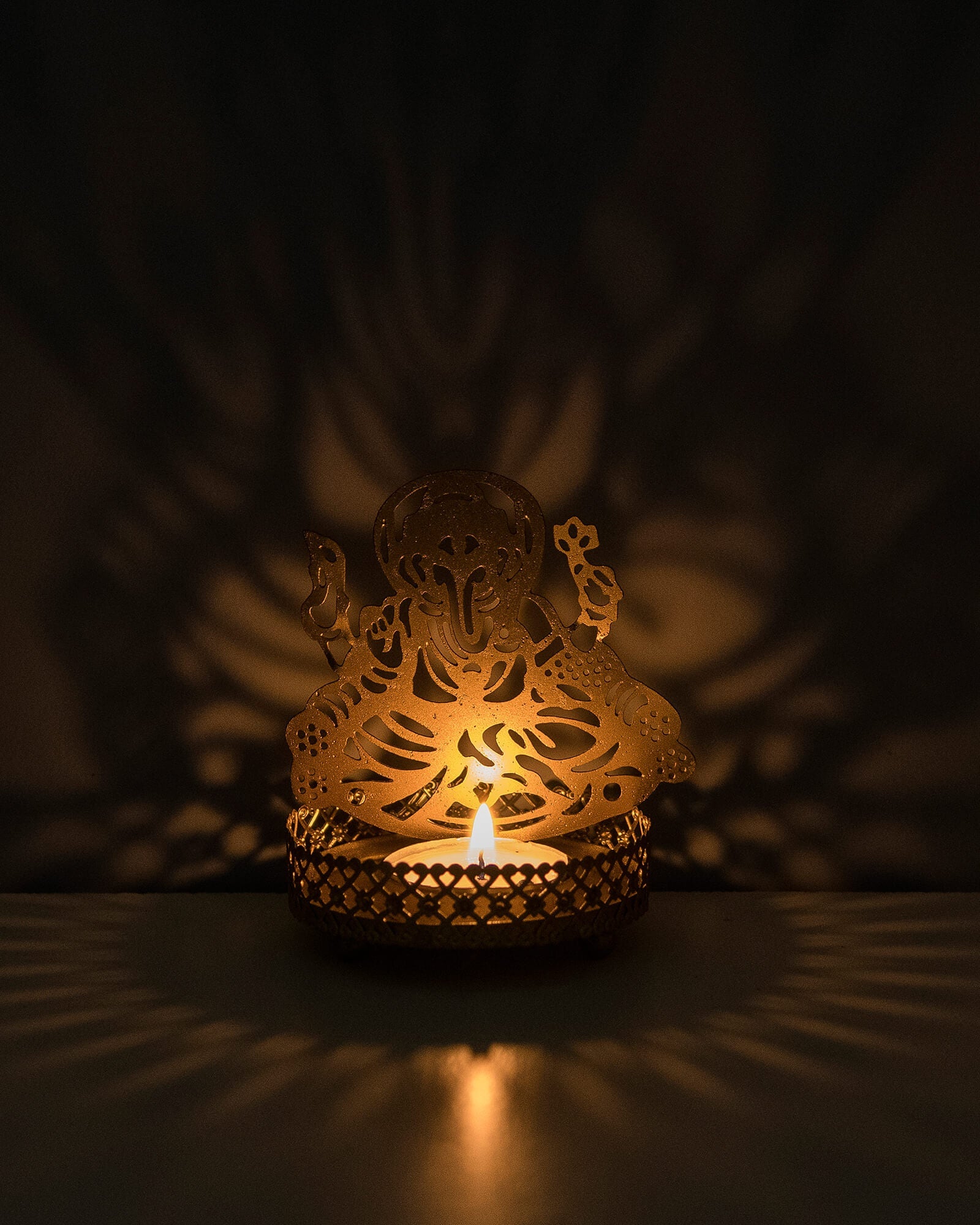 Set of 2 Shadow Metal Tea Light Holder, Brass finish Puja Diwali candle Holder with Free Wax diya