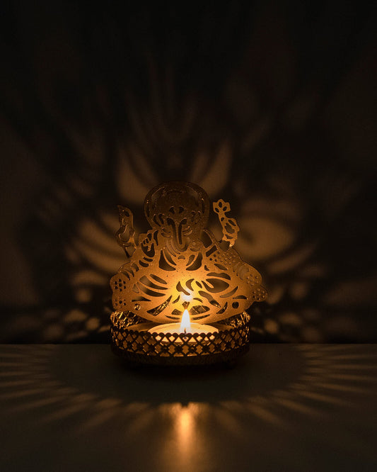 Set of 2 Shadow Metal Tea Light Holder, Brass finish Puja Diwali candle Holder with Free Wax diya