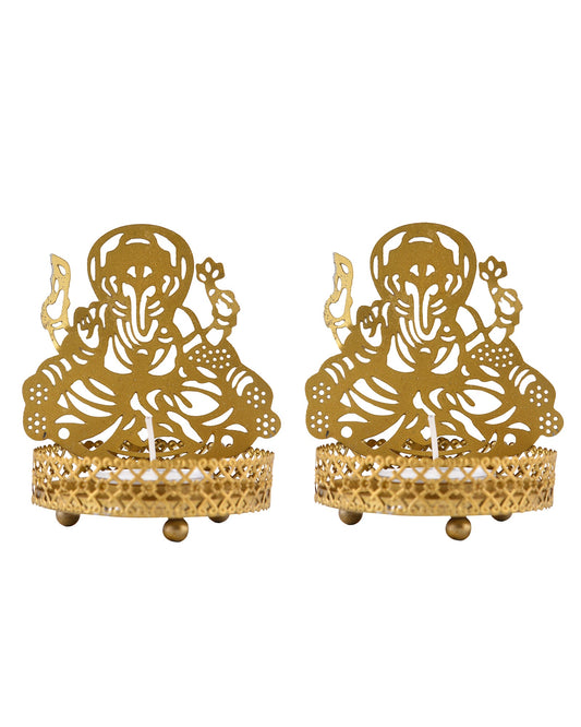 Set of 2 Shadow Metal Tea Light Holder, Brass finish Puja Diwali candle Holder with Free Wax diya