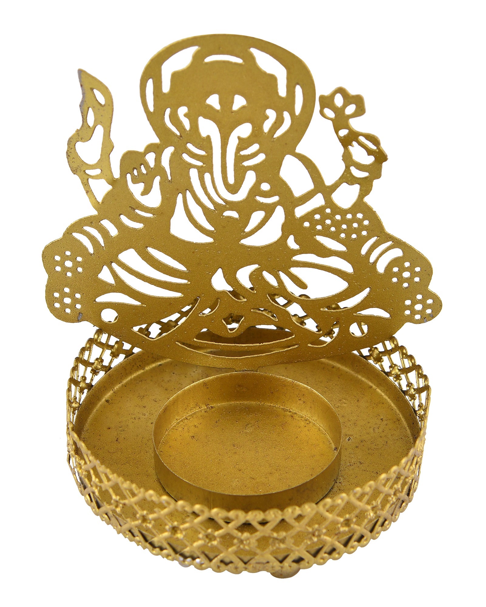 Set of 2 Shadow Metal Tea Light Holder, Brass finish Puja Diwali candle Holder with Free Wax diya