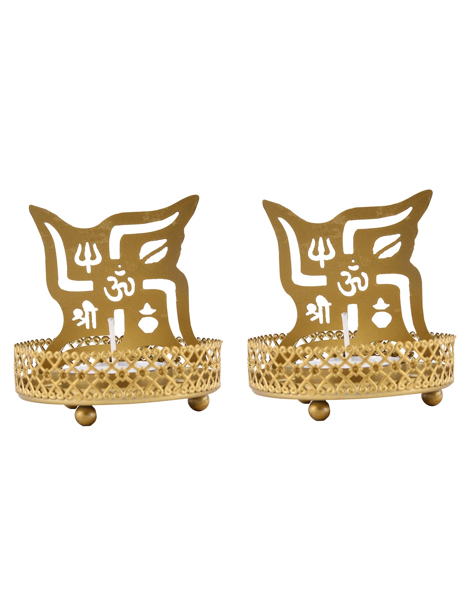 Set of 2 Shadow Metal Tea Light Holder, Brass finish Puja Diwali candle Holder with Free Wax diya