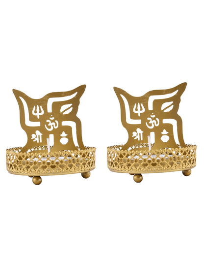 Set of 2 Shadow Metal Tea Light Holder, Brass finish Puja Diwali candle Holder with Free Wax diya