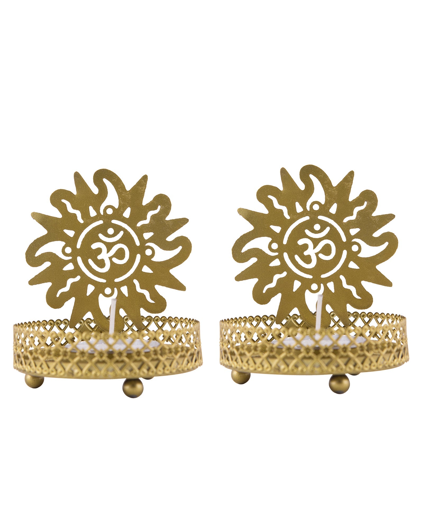 Set of 2 Shadow Metal Tea Light Holder, Brass finish Puja Diwali candle Holder with Free Wax diya