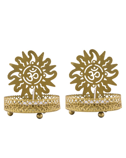 Set of 2 Shadow Metal Tea Light Holder, Brass finish Puja Diwali candle Holder with Free Wax diya