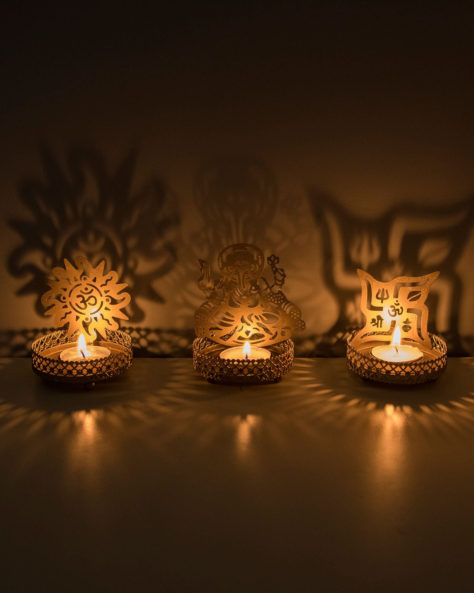 Set of 3 Shadow Ganesh Sathiya Om Metal Tea Light Holder, Brass finish Pooja Diwali Candle Holder with Free Wax diya