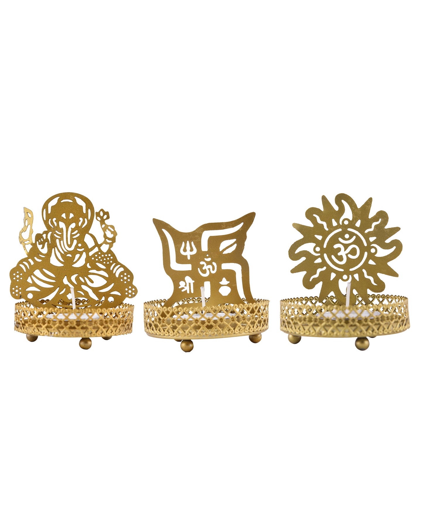 Set of 3 Shadow Ganesh Sathiya Om Metal Tea Light Holder, Brass finish Pooja Diwali Candle Holder with Free Wax diya
