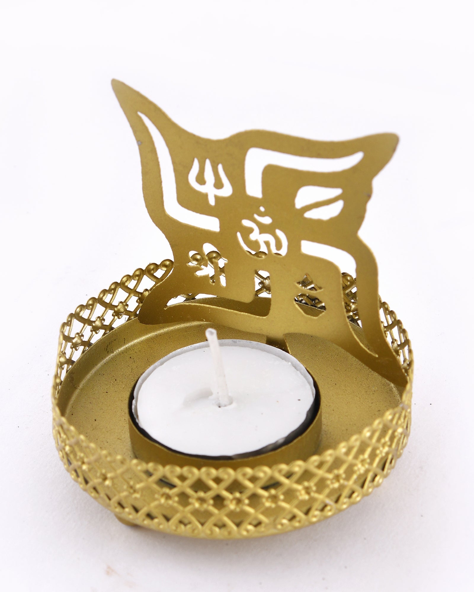 Set of 3 Shadow Ganesh Sathiya Om Metal Tea Light Holder, Brass finish Pooja Diwali Candle Holder with Free Wax diya