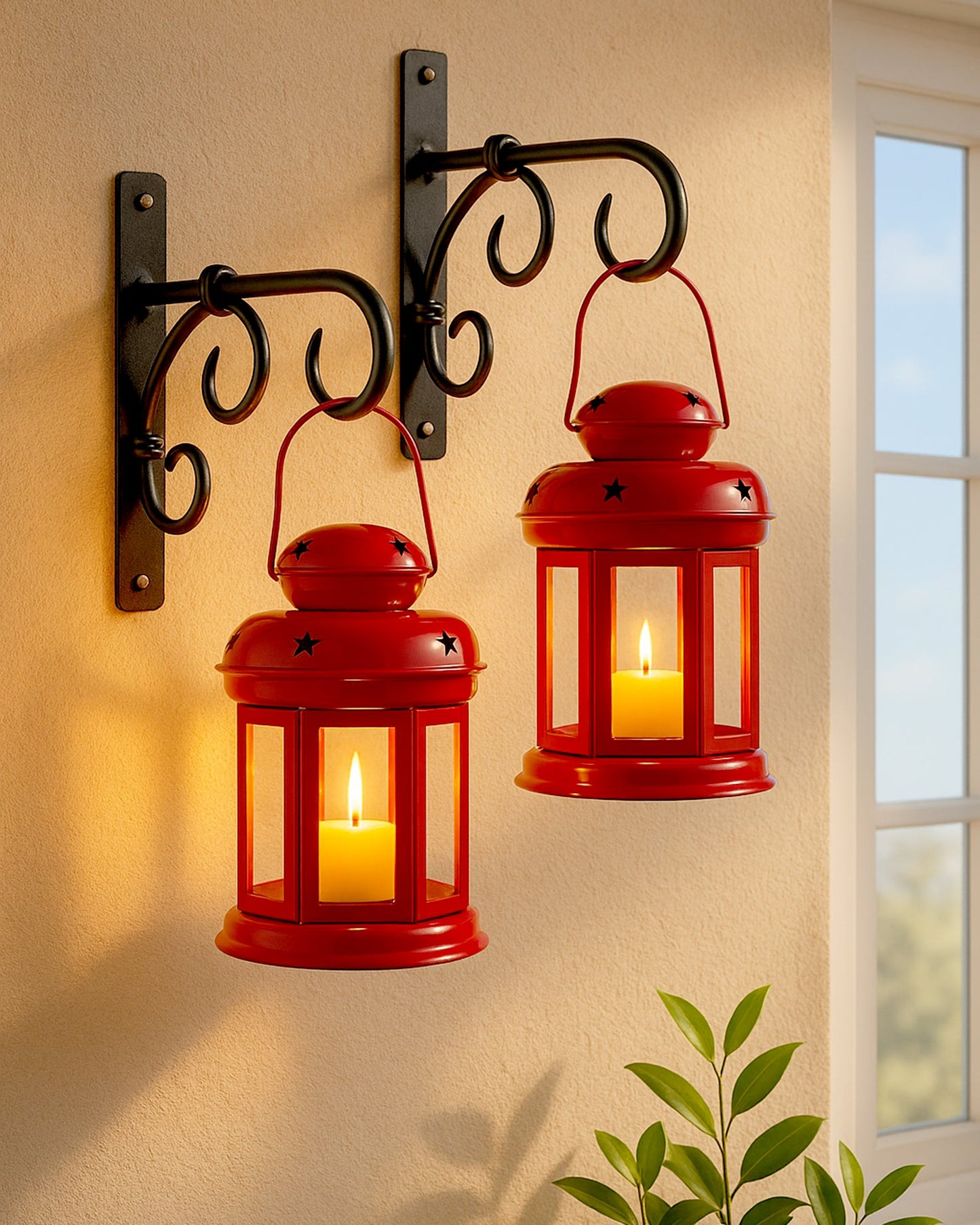 Wall Star Light Decorative Metal Lantern Indoor/Outdoor Hanging Lantern, Set of 2 Designer Candle Tealight Holder with Wall Hook