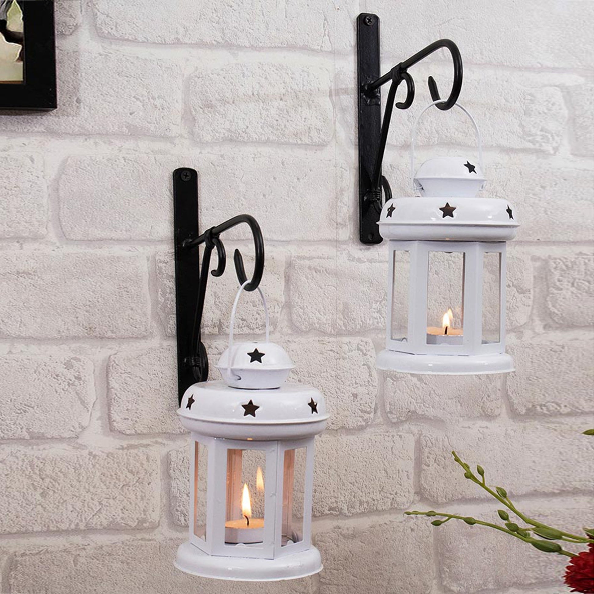Wall Star Light Decorative Metal Lantern Indoor/Outdoor Hanging Lantern, Set of 2 Designer Candle Tealight Holder with Wall Hook
