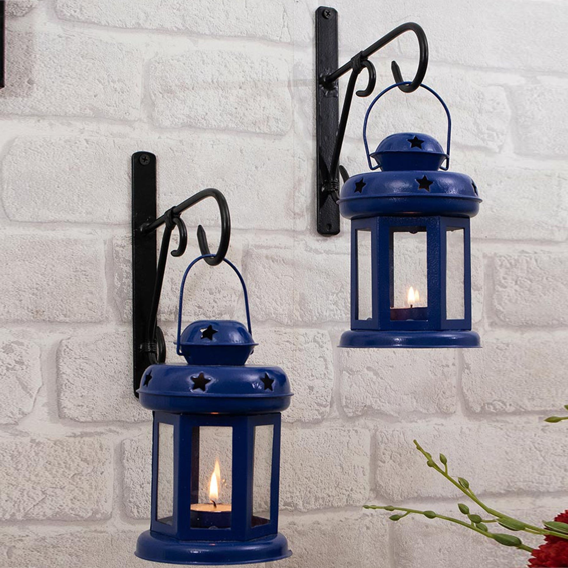 Wall Star Light Decorative Metal Lantern Indoor/Outdoor Hanging Lantern, Set of 2 Designer Candle Tealight Holder with Wall Hook