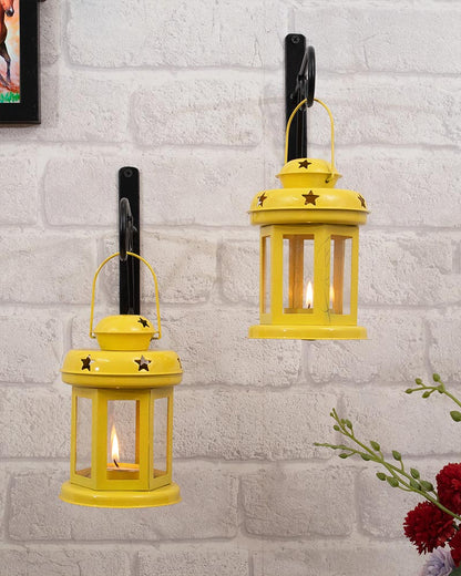 Wall Star Light Decorative Metal Lantern Indoor/Outdoor Hanging Lantern, Set of 2 Designer Candle Tealight Holder with Wall Hook