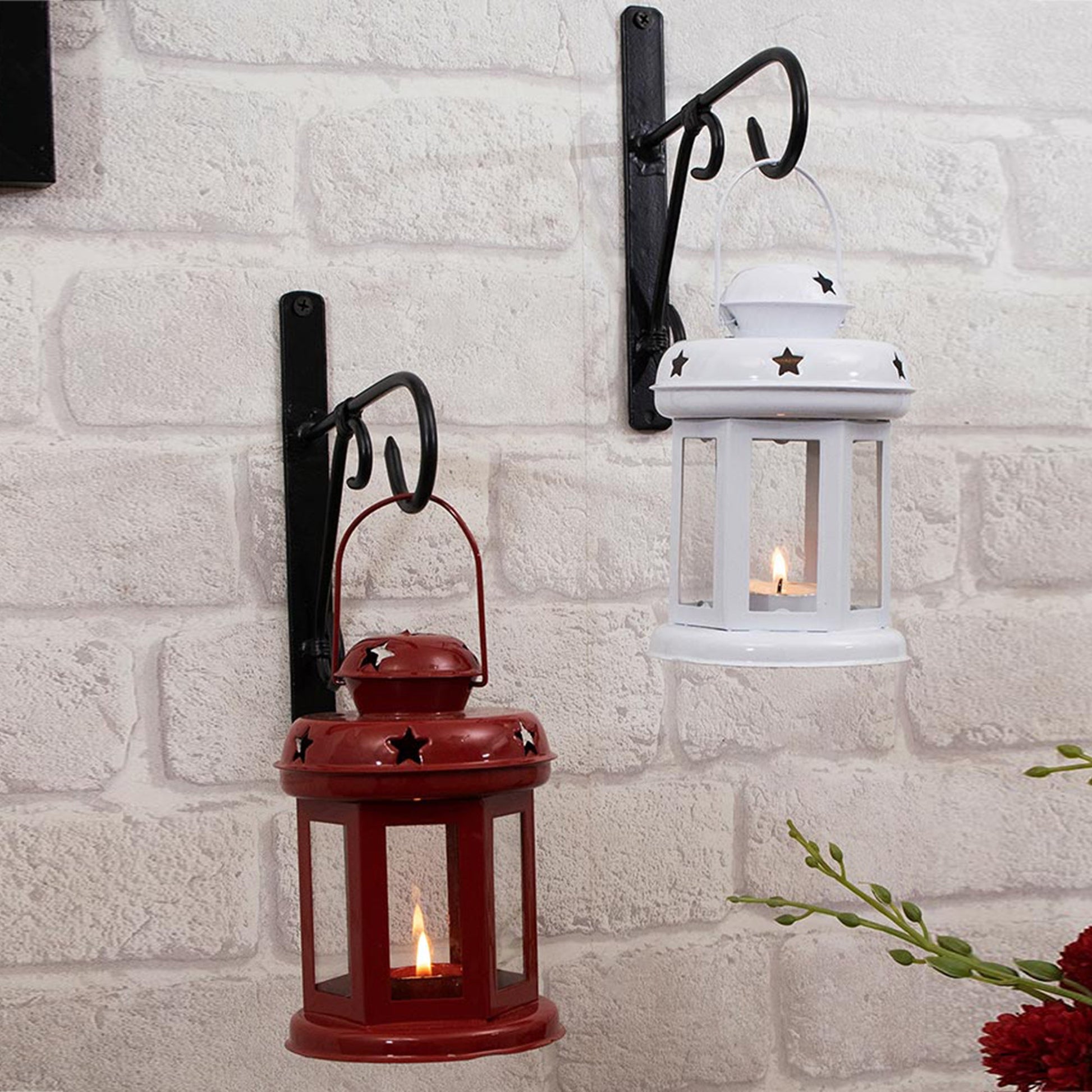 Wall Star Light Decorative Metal Lantern Indoor/Outdoor Hanging Lantern, Set of 2 Designer Candle Tealight Holder with Wall Hook