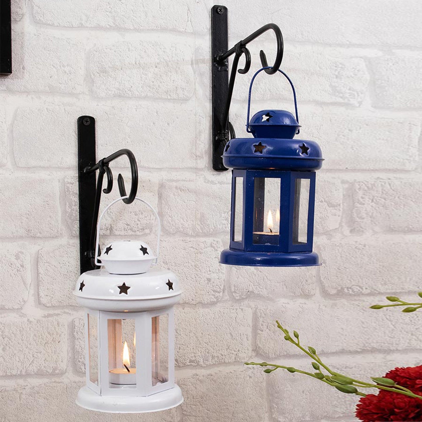Wall Star Light Decorative Metal Lantern Indoor/Outdoor Hanging Lantern, Set of 2 Designer Candle Tealight Holder with Wall Hook