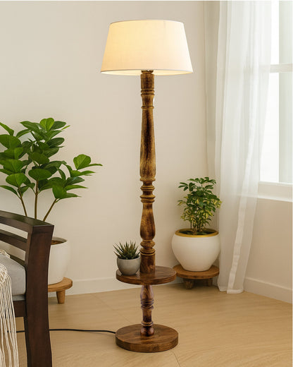 Classic Round Mabel Black Finish Wooden Floor Lamp with Khadi Shade