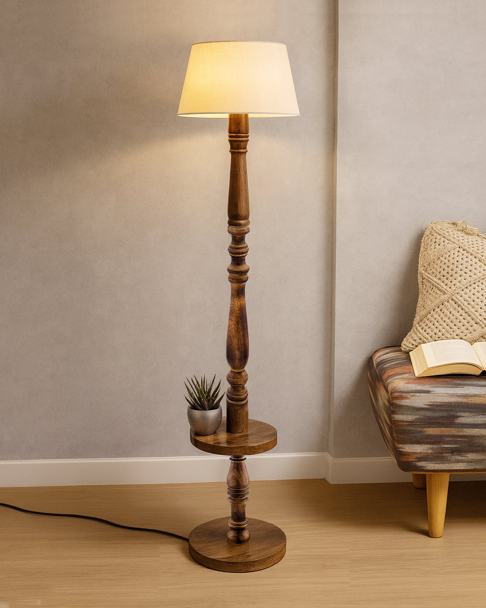 Classic Round Mabel Black Finish Wooden Floor Lamp with Khadi Shade
