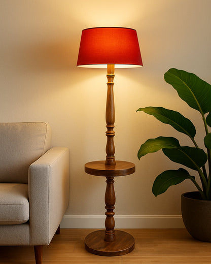 Classic Round Mabel Black Finish Wooden Floor Lamp with Khadi Shade