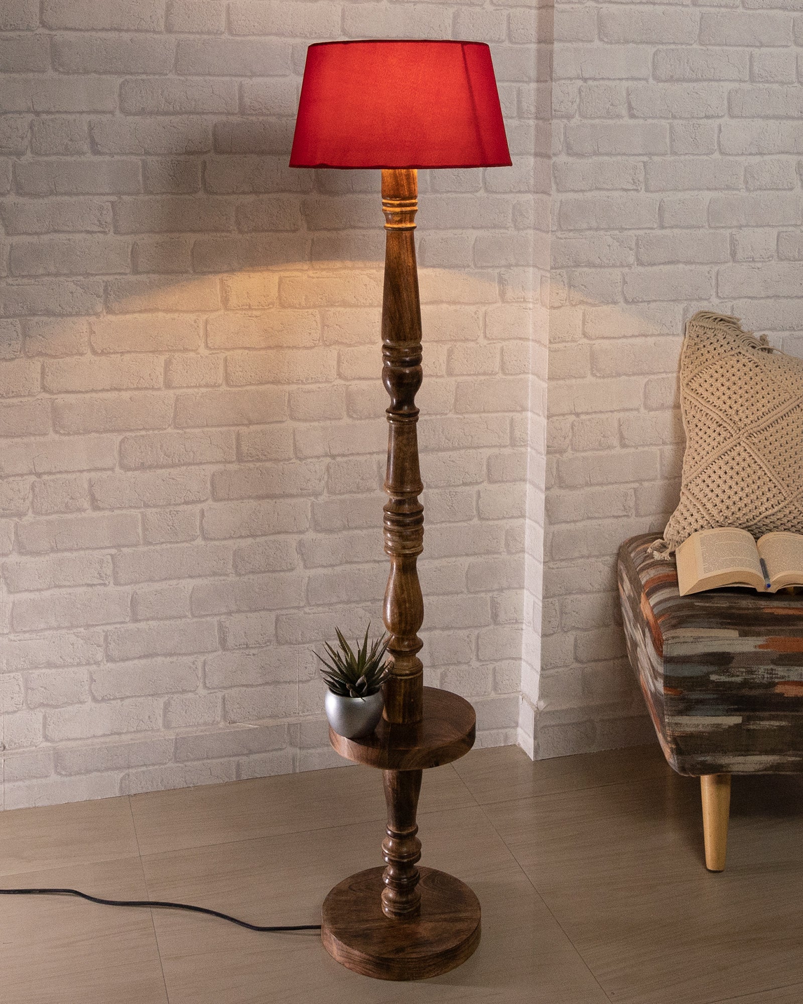 Classic Round Mabel Black Finish Wooden Floor Lamp with Khadi Shade