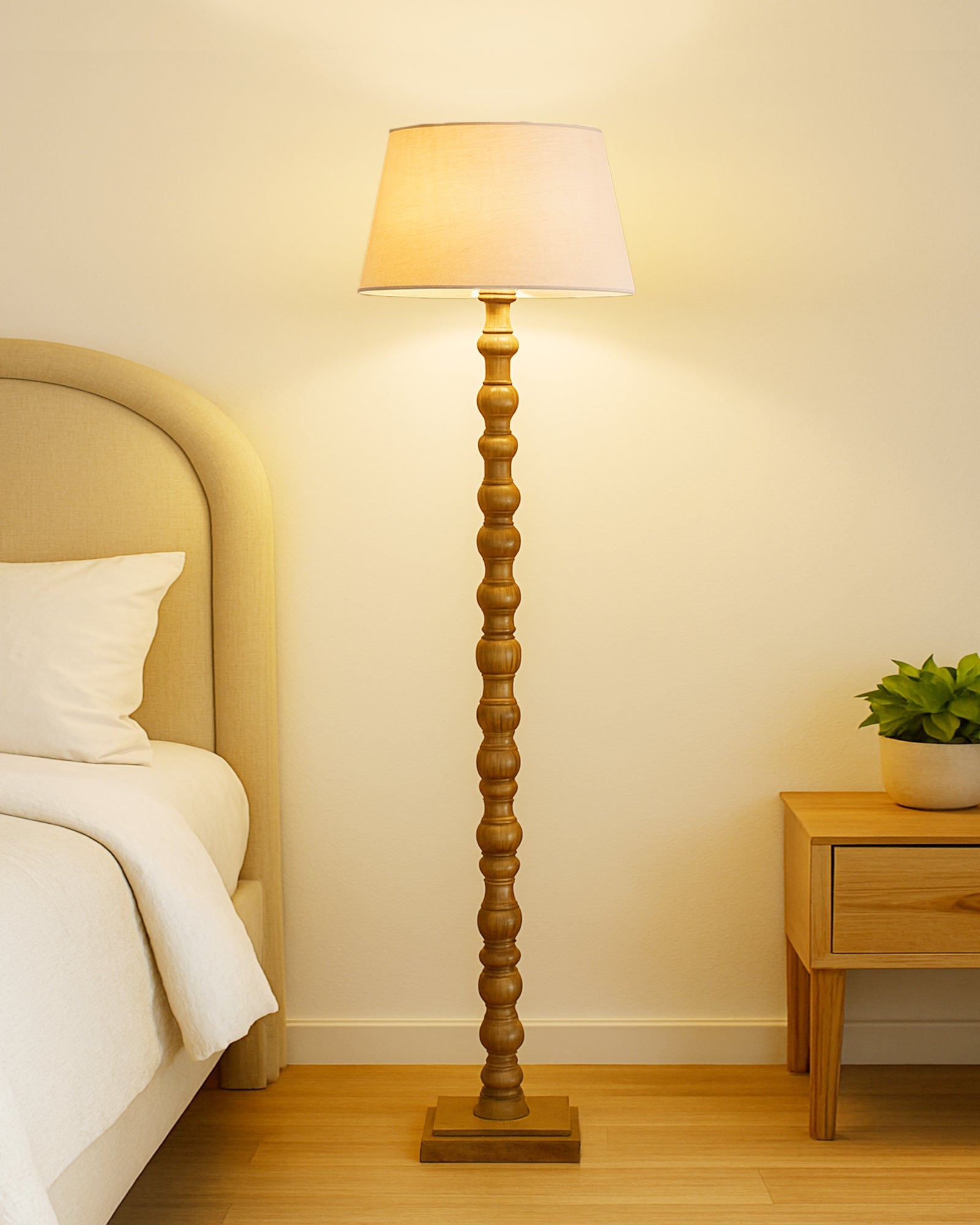Classic Round Mabel Black Finish Wooden Floor Lamp with Khadi Shade