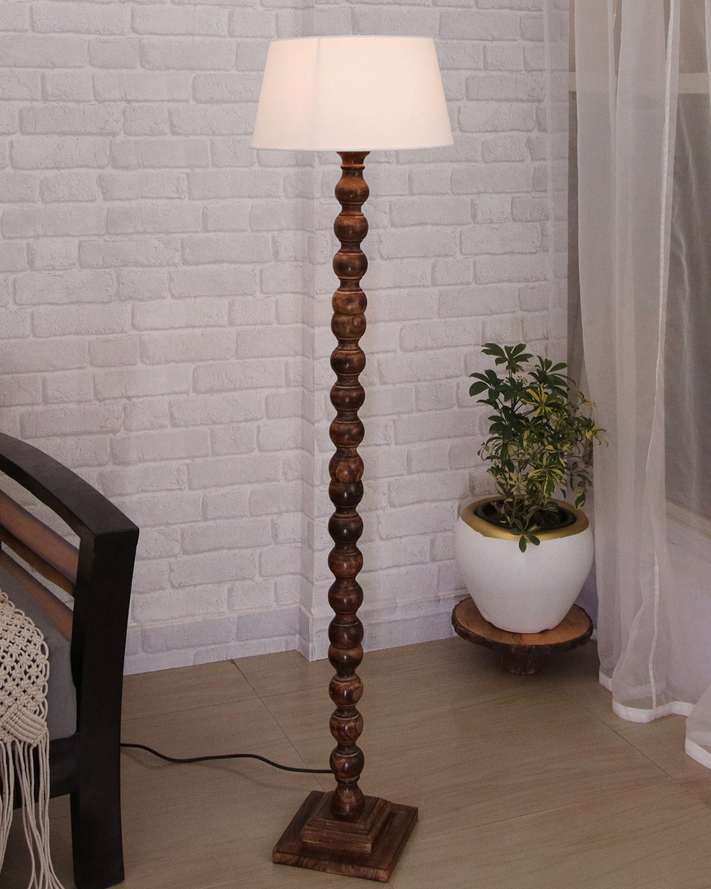Classic Round Mabel Black Finish Wooden Floor Lamp with Khadi Shade