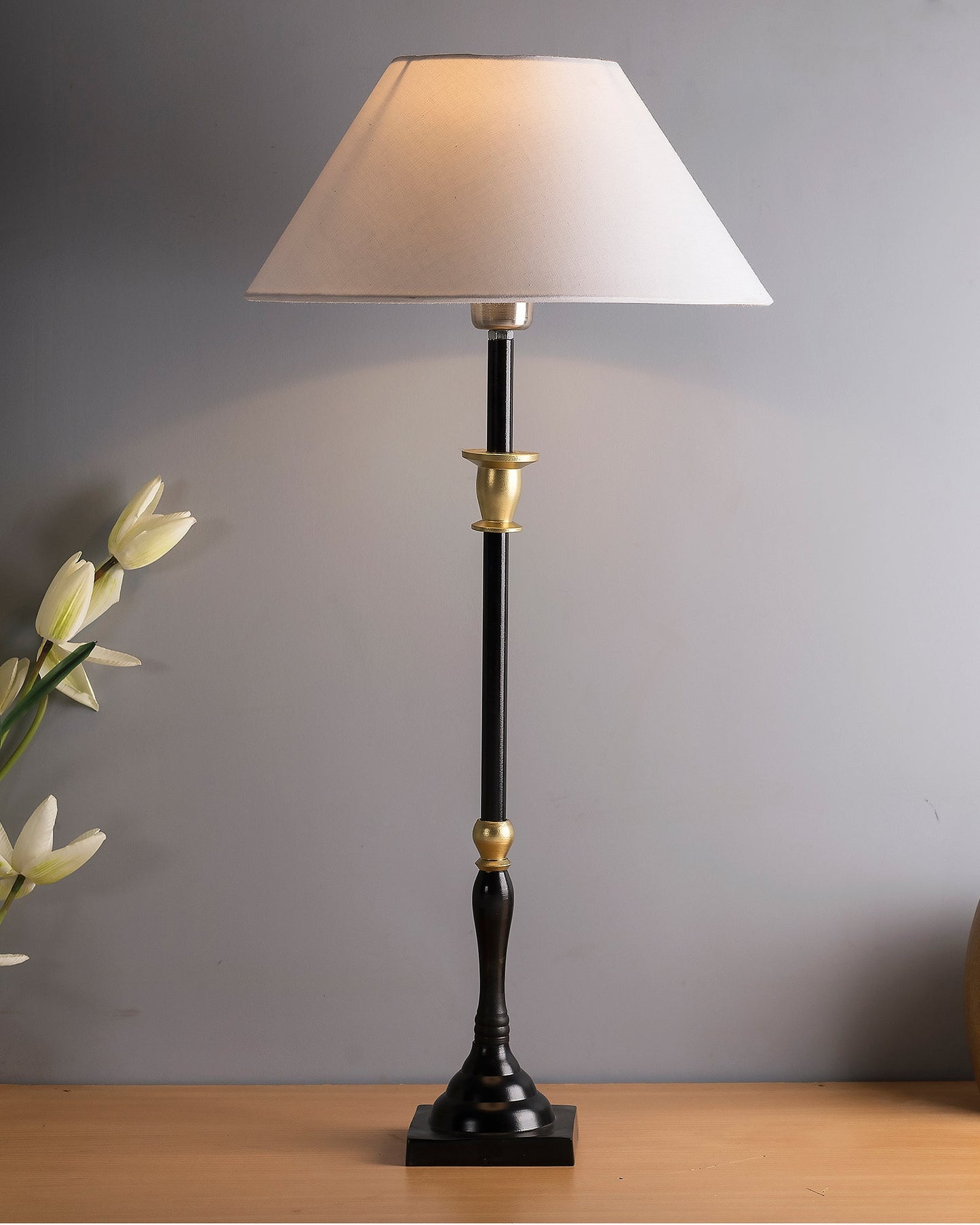 Classic Imperial Black Golden Candlestick Table Lamp, Cone Shade