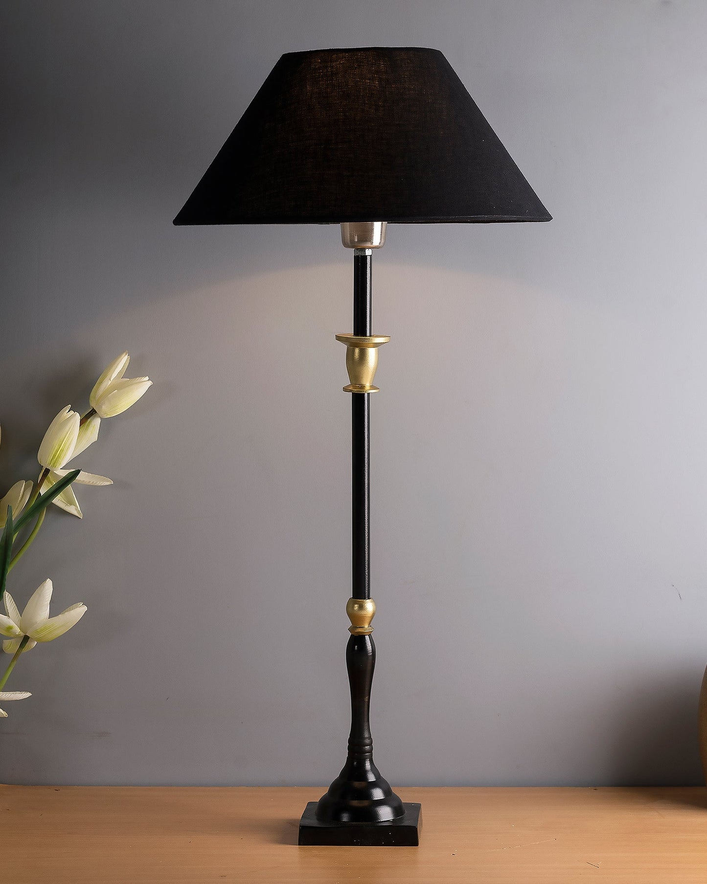 Classic Imperial Black Golden Candlestick Table Lamp, Cone Shade