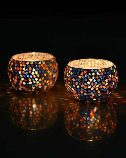 Moroccan Glass Mosaic Candle Holder, Tea Light holder Votive, Set of 2