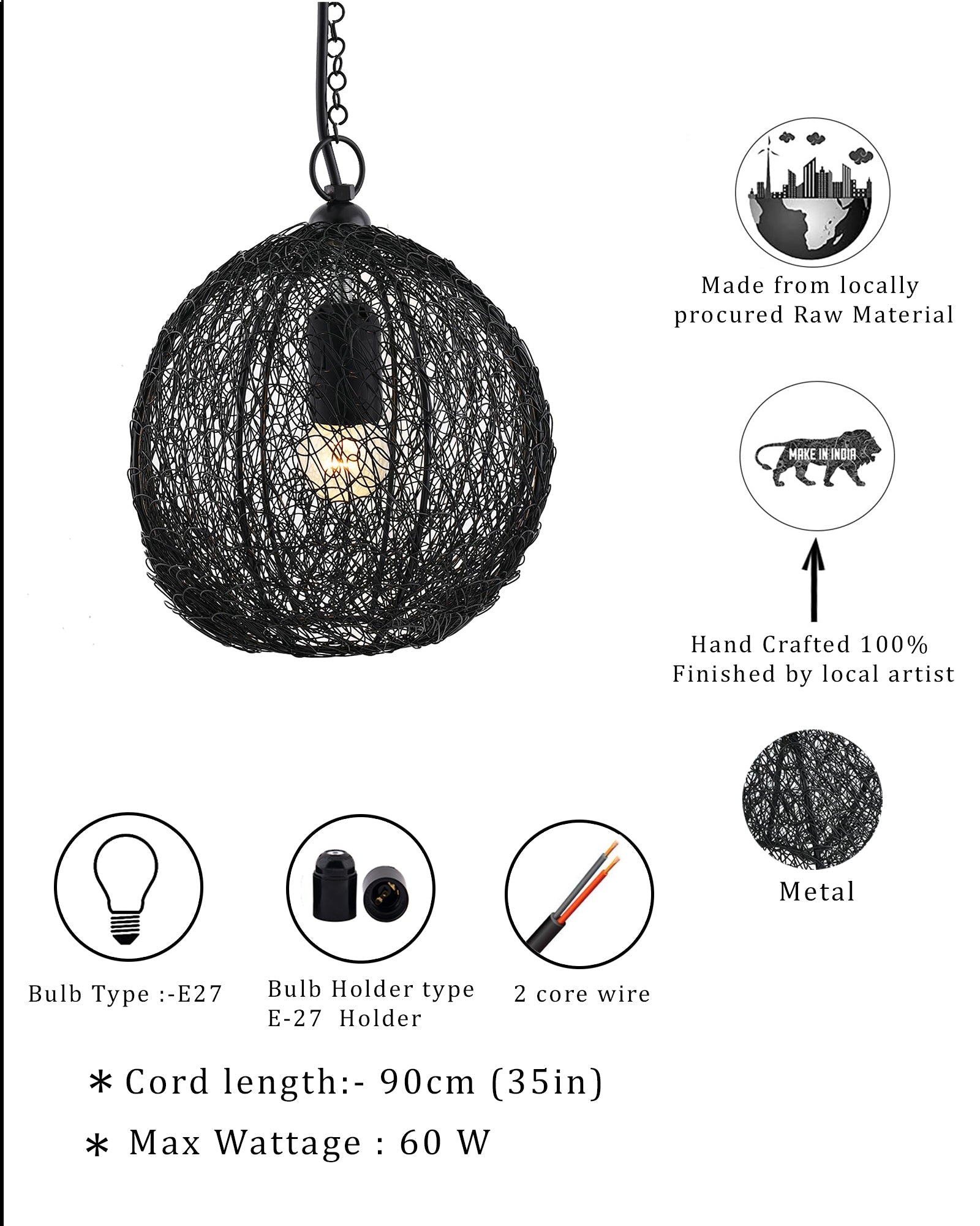 Classic Twisted Wire Round Hanging Pendant Light, Black Hanging Fixture Lamp