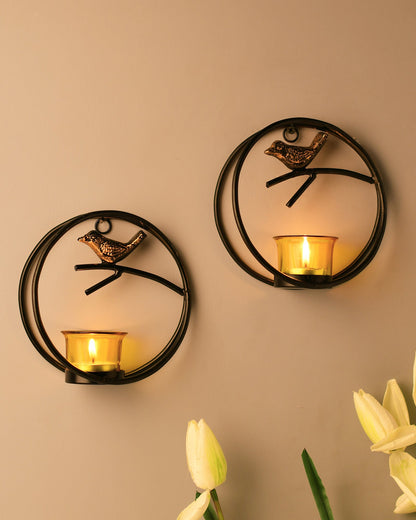 Decorative Bird Round Ring with Glass Table and Wall Tealight Holder,Set of 2,Antique Metal Wall Scone Candle Holder