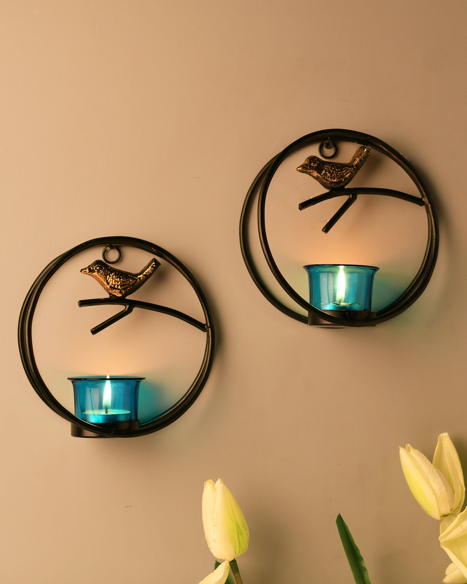 Decorative Bird Round Ring with Glass Table and Wall Tealight Holder,Set of 2,Antique Metal Wall Scone Candle Holder