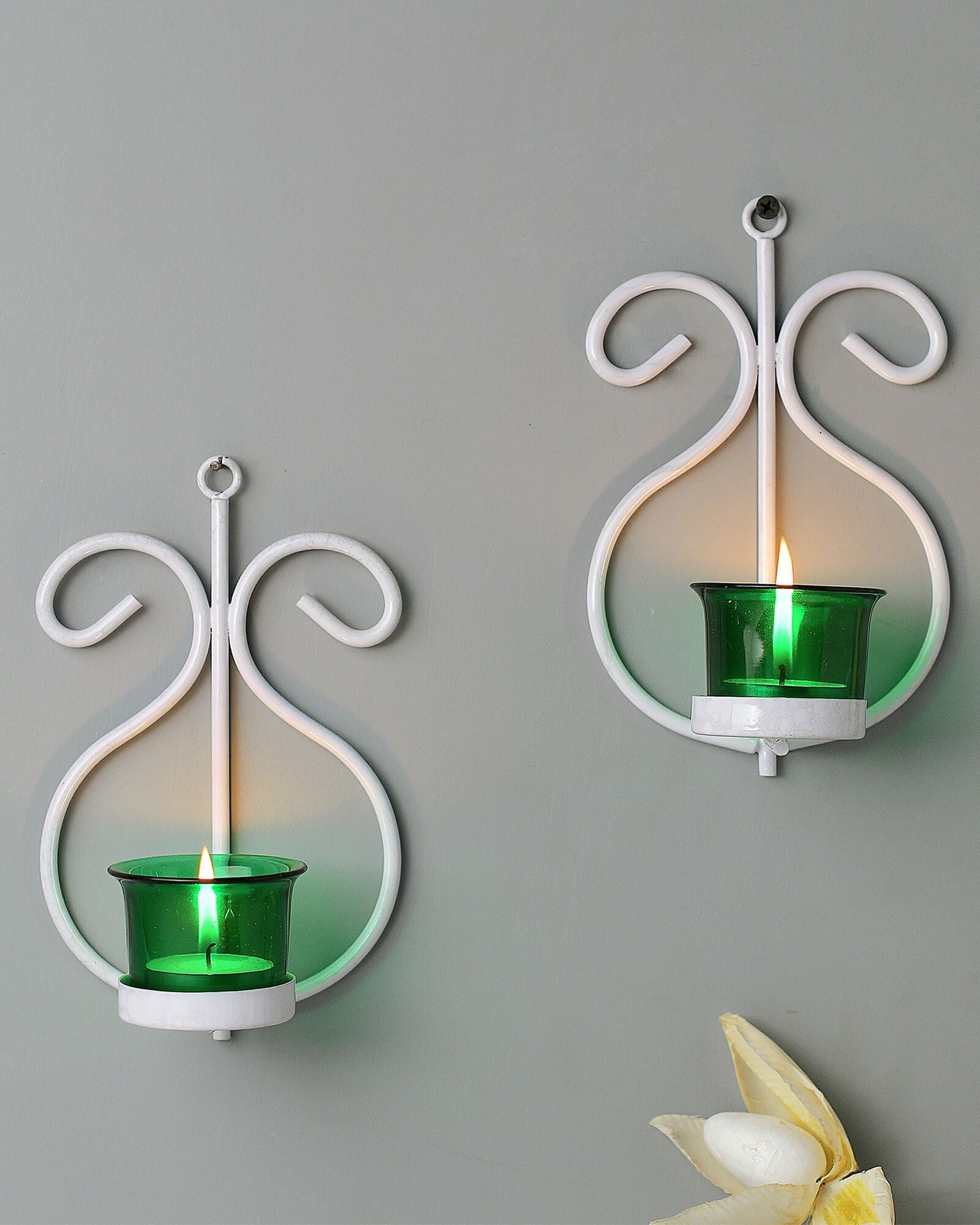 Set of 2 Decorative White Wall Sconce/Candle Holder With Red Glass and Free T-light Candles